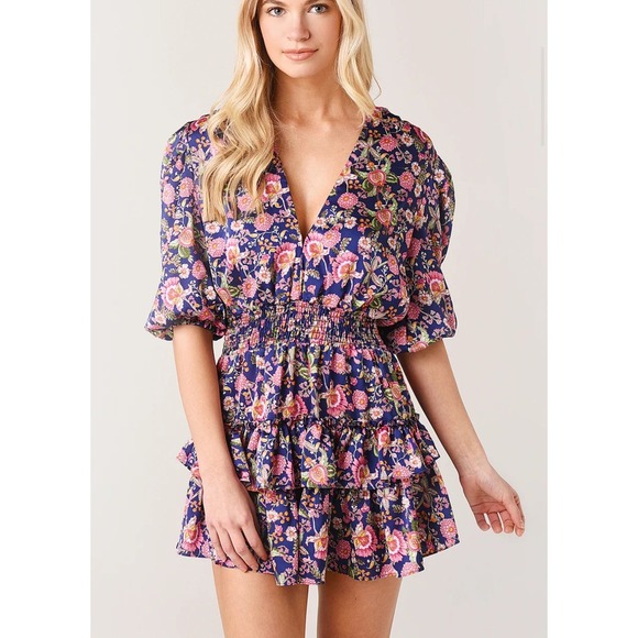 MISA Los Angeles Floral Mini‎ Dress Smocked Ruffle V Neck Short Sleeve XL - Picture 2 of 16